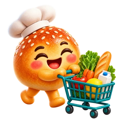 Bunlo's chef bun pushing a shopping cart full of groceries