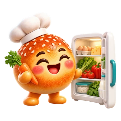 Bunlo's chef bun holding a carrot next to an open fridge
