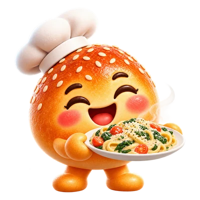 Bunlo's chef bun holding a plate of pasta