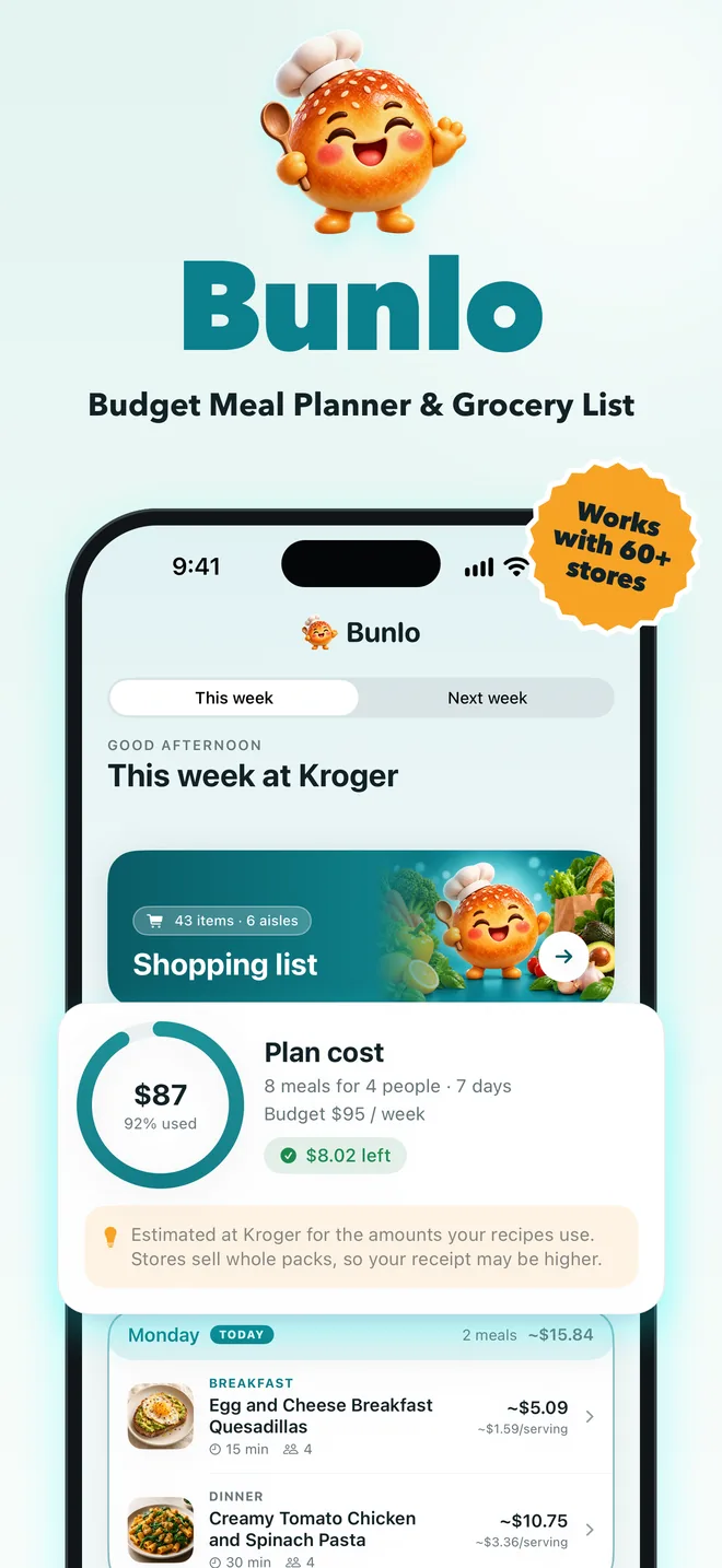 This week at Kroger: the plan cost card shows $87 of a $95 budget