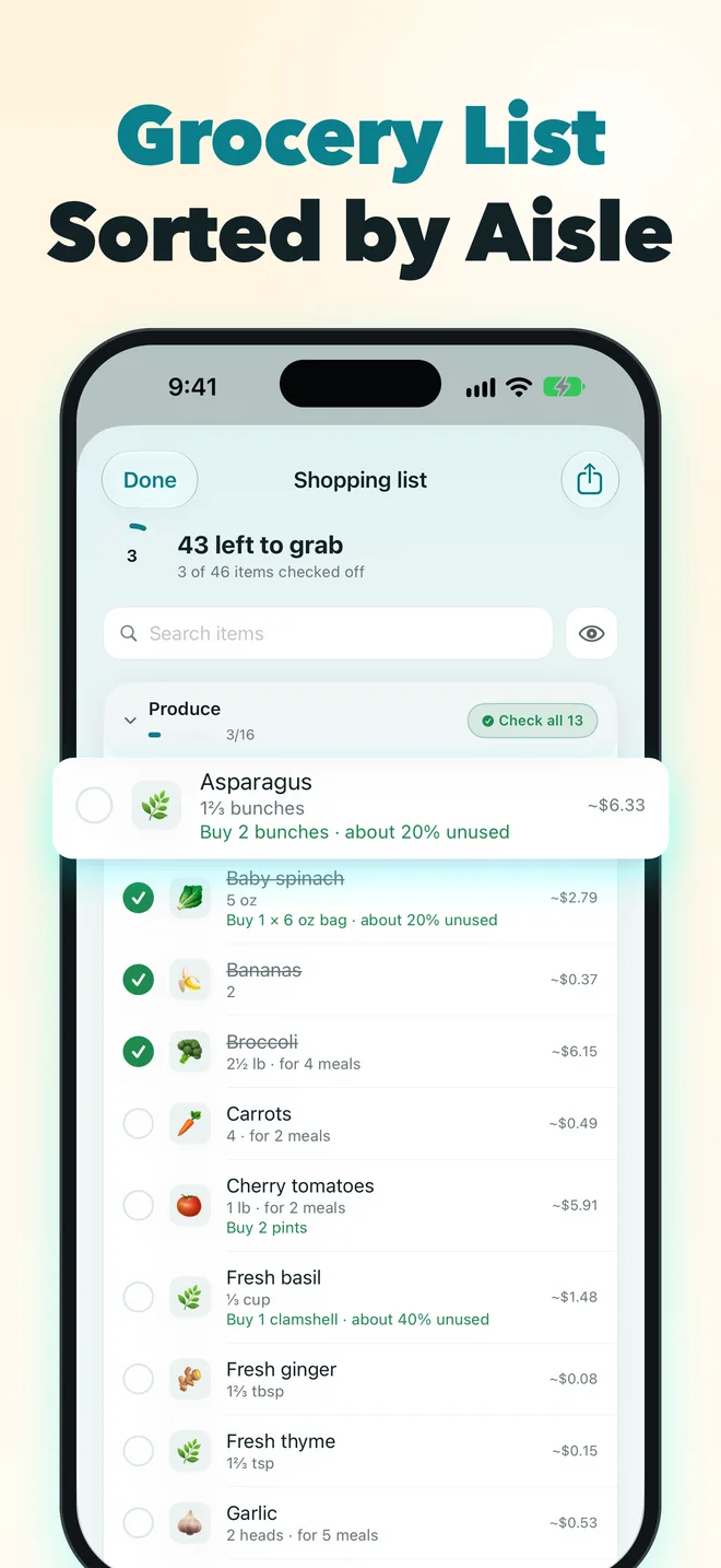 Grocery list sorted by aisle, with items to check off and what to buy
